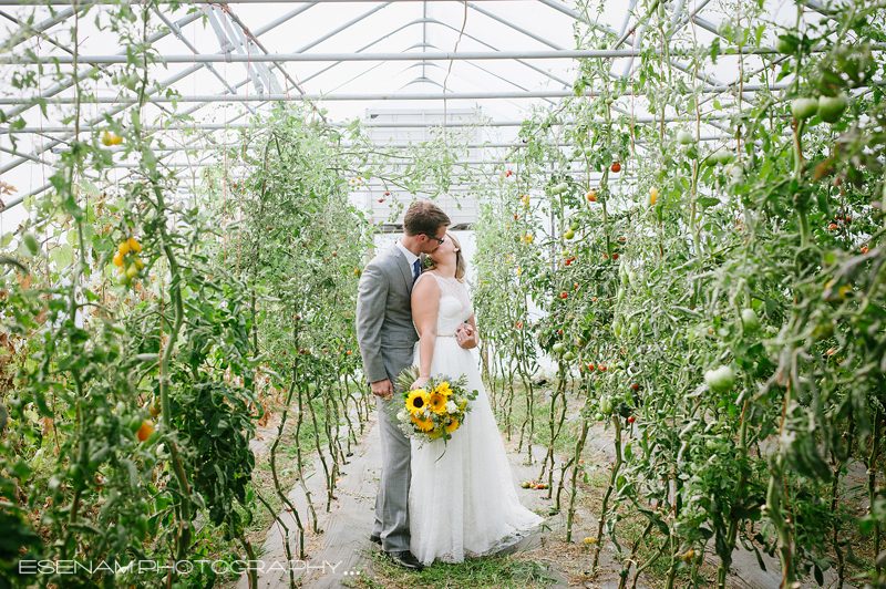 Bride and Groom standing in a green house of greenery