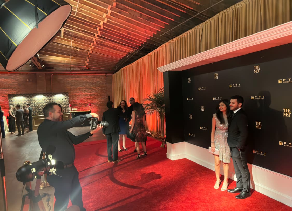 Roaming event photographer capturing guests at a Chicago corporate event