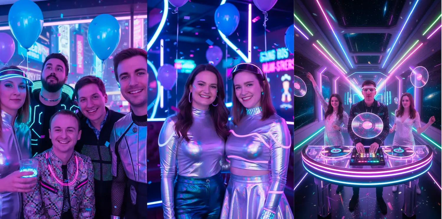 The same three photos reimagined by AI on a neon lit stage