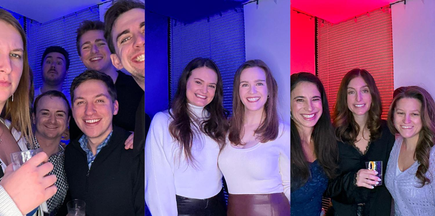 Three photos of guests taken at a Chicago corporate party