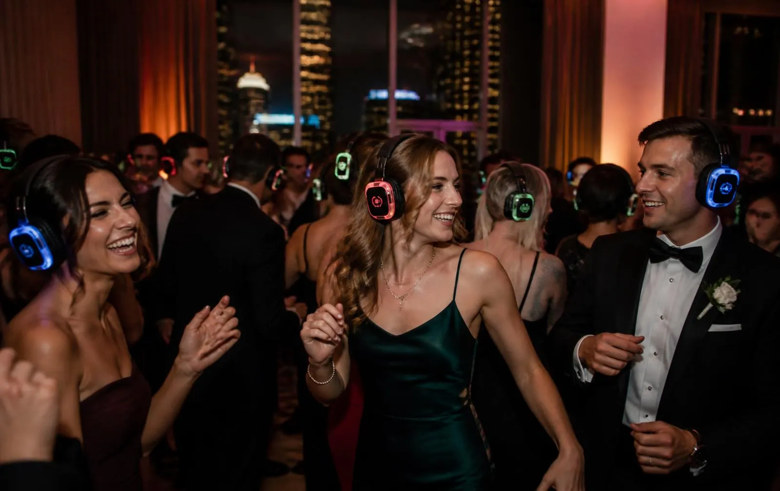 Guests dancing in glowing wireless LED headphones at a Chicago silent disco event